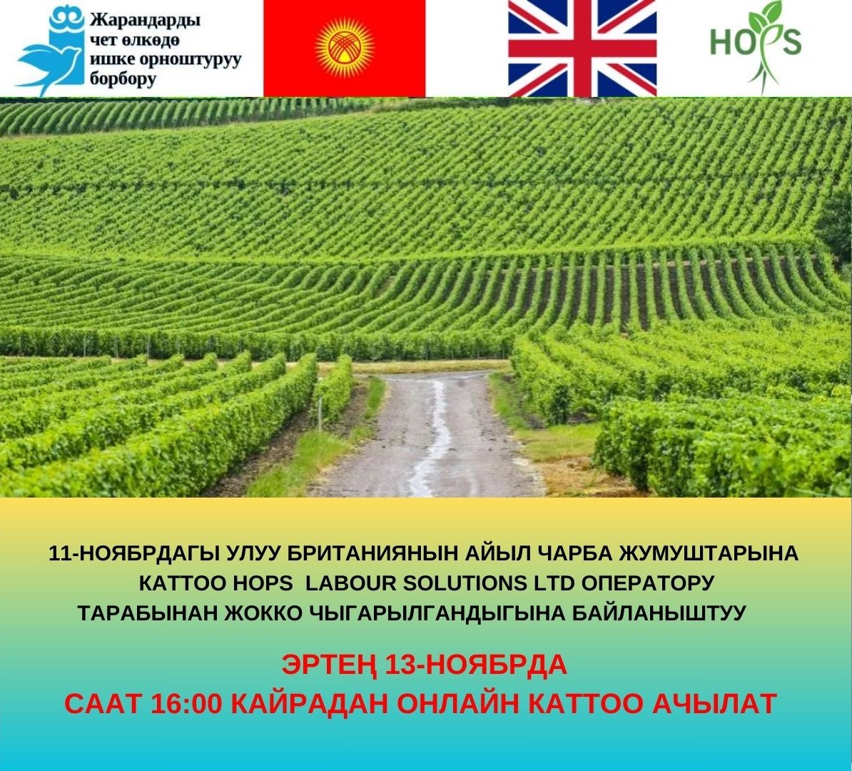 Борбор «HOPS LABOUR SOLUTIONS LTD» британиялык  оператору тарабынан 11-ноябрда Улуу Британияда сезондук жумушка каттоо жокко чыгарылганын жарыялайт.  Онлайн каттоо кайрадан  эртең 13-ноябрда саат 16:00 ачылат.